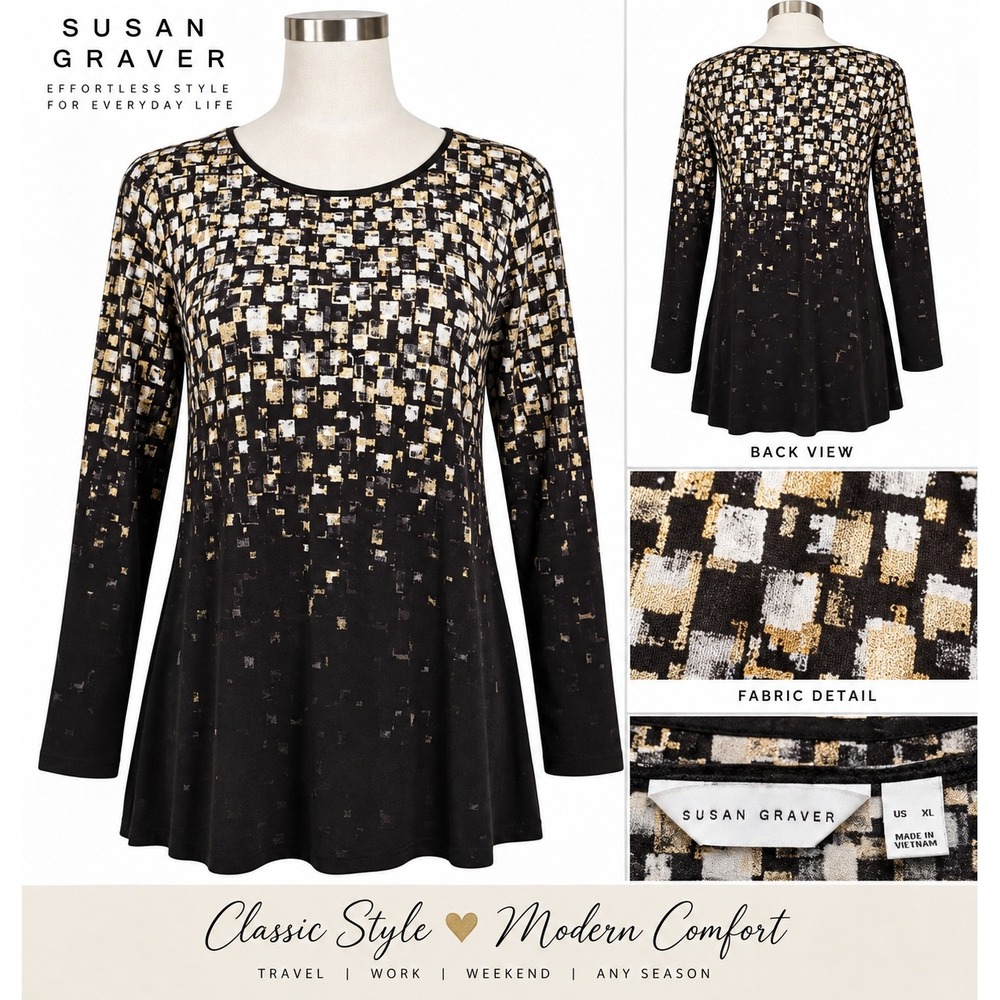 Susan Graver XL Liquid Knit Foil Abstract Mosaic Tunic Black Gold White